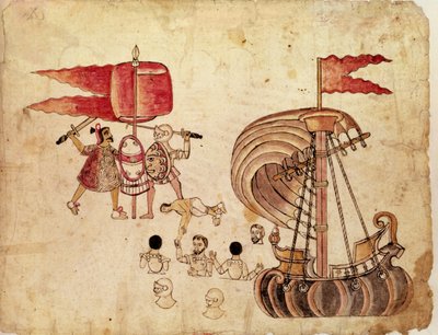 コルテスの同盟国であるトラスカラ族の戦士が運河から彼を引き寄せた 作： Mexican School